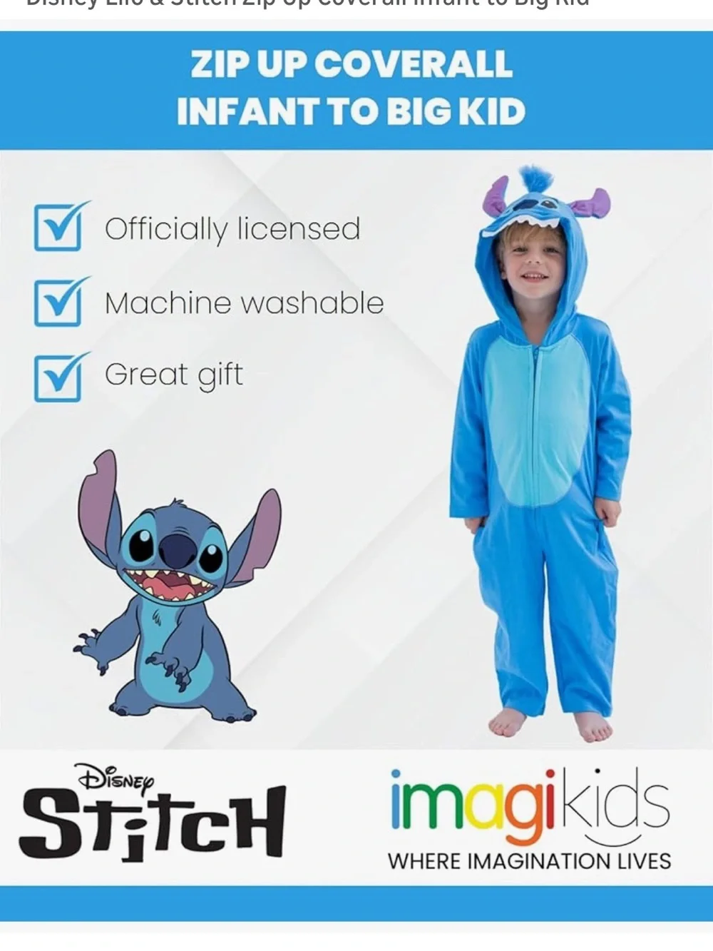 NWT Disney Stitch Zip-Up Coverall Pajama Costume Size 14/16 Blue One Piece